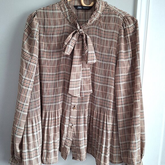 Zara Brown Plaid Flowy Blouse - Picture 2 of 13